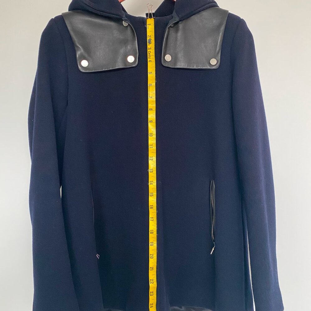 Sandro Women's Navy Wool Coat with Black Leather Trim, Size 40 - Picture 5 of 6
